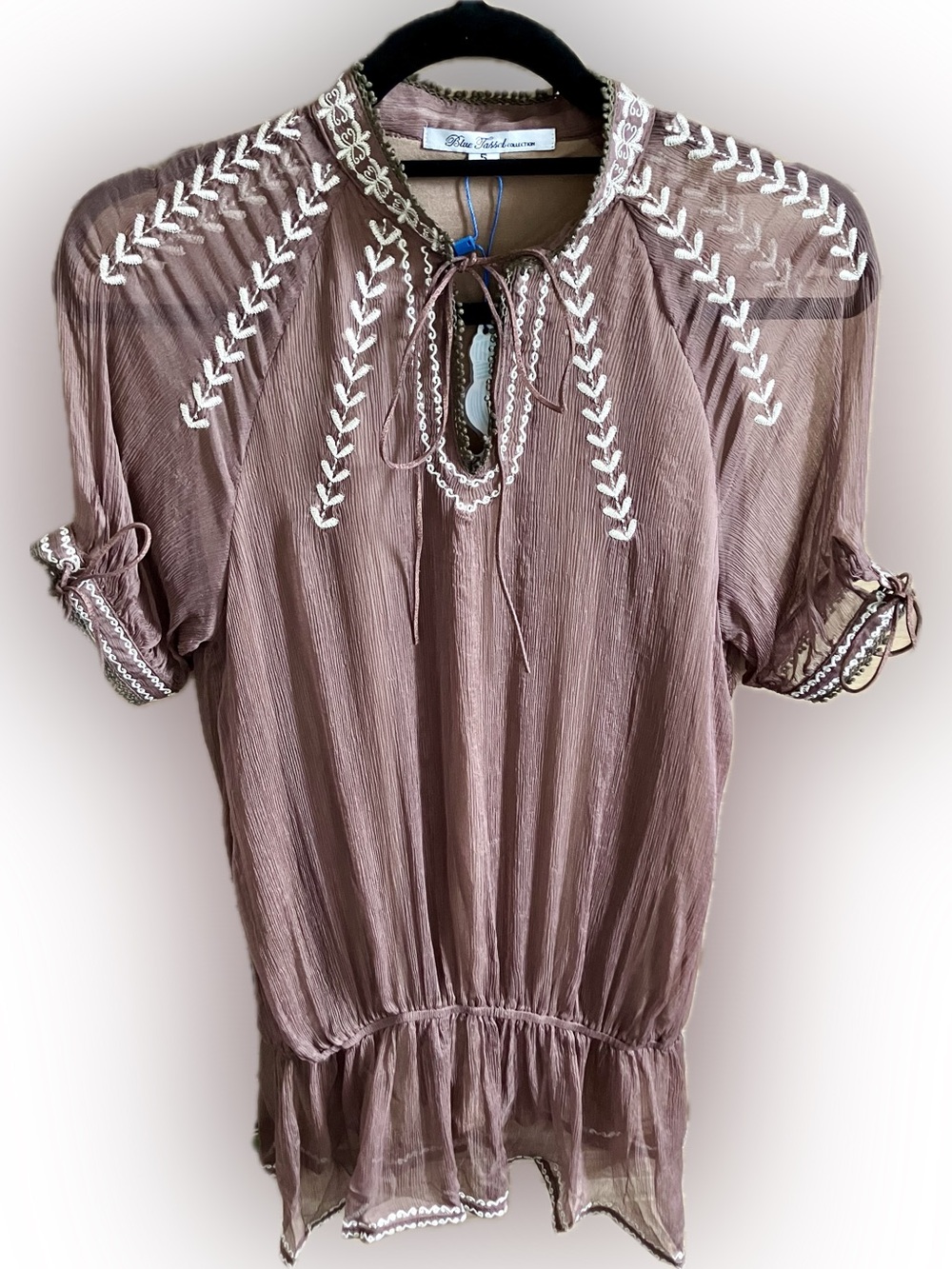Boho Embroidered Tunic in Mauve Brown with Tie Neck